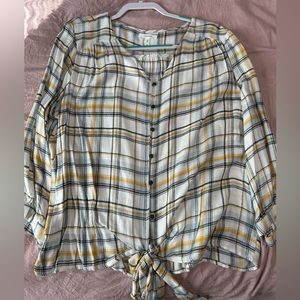 Maurices Womens Top XL White Yellow Plaid Tie Front Button Up